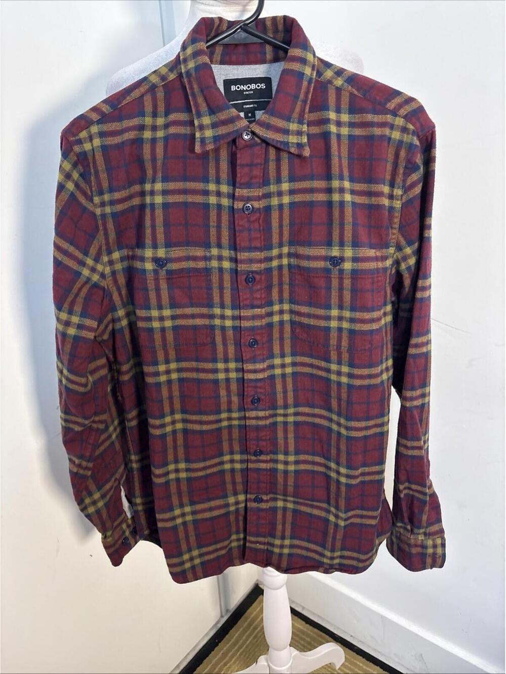 Men’s Collar Shirt Maroon and Navy Check 100% Cotton Fabric M‎ NWOT